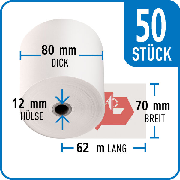 Normalpapierrolle APOTHEKE 70 mm x 80 mm x 12 mm x 62 m | VPE 50 Rollen