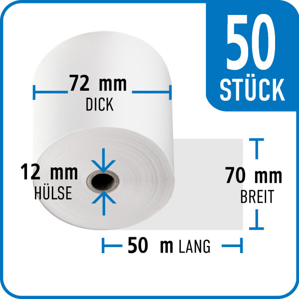 Normalpapierrolle 70 mm x 72 mm x 12 mm x 50 m | VPE 50 Rollen
